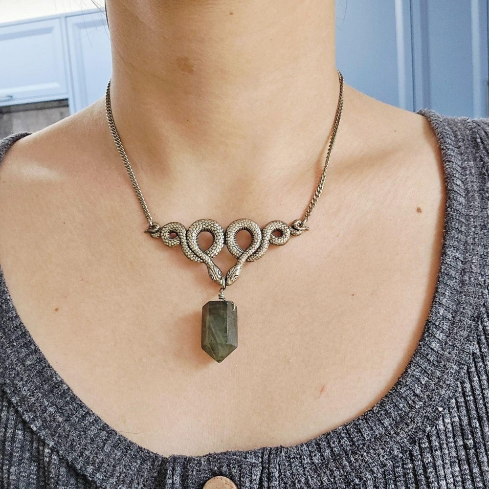 Vintage Silver Serpent Snake Stone Statement Necklace